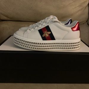 Authentic Gucci White Leather and Bee Web Ace Crystal Platform Sneakers Size 35